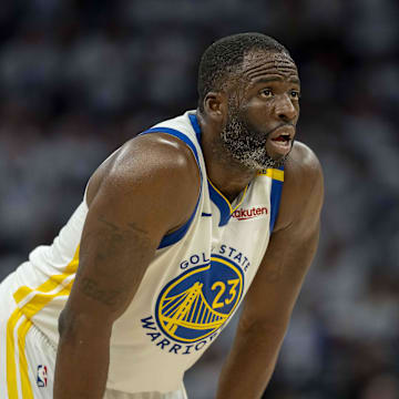 May 8, 2025; Minneapolis, Minnesota, USA; Golden State Warriors forward Draymond Green (23) looks on against the Minnesota Timberwolves in the second half during game two of the second round for the 2025 NBA Playoffs at Target Center. Mandatory Credit: Jesse Johnson-Imagn Images