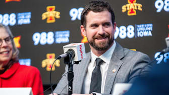 Jimmy Rogers speaks during his introductory press conference as Iowa State’s new head football coach on Dec. 8, 2025, at Iowa State University in Ames, IA.