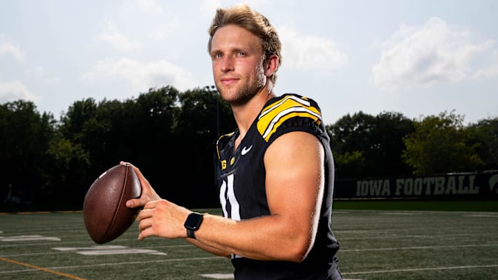 Quarterback Mark Gronowski stands for a photo during Iowa Football’s media day on Aug. 8, 2025, in Iowa City.