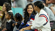 Vanessa Bryant and her family watch a women's basketball semifinal game during the Paris 2024 Olympic Summer Games at Accor Arena.