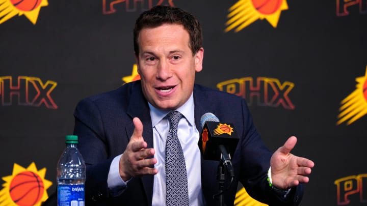 Suns owner Mat Ishbia speaks with the press during a news conference at Footprint Center in Phoenix on May 1, 2024.