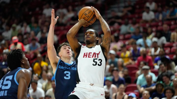 Jul 22, 2024; Las Vegas, NV, USA; Miami Heat guard Josh Christopher (53) shoots the ball against Memphis Grizzlies forward Jake LaRavia (3) during the first half at Thomas & Mack Center. Mandatory Credit: Lucas Peltier-USA TODAY Sports