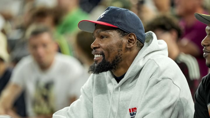 Kevin Durant watches during a women's basketball semifinal game during the Paris 2024 Olympic Summer Games at Accor Arena