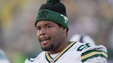 Green Bay Packers offensive tackle Zach Tom (50) is shown during the fourth quarter of their preseason game Saturday, August 23, 2025, at Lambeau Field in Green Bay, Wisconsin.