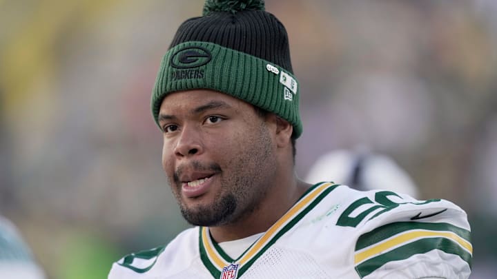 Green Bay Packers offensive tackle Zach Tom (50) is shown during the fourth quarter of their preseason game Saturday, August 23, 2025, at Lambeau Field in Green Bay, Wisconsin.