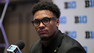Jul 23, 2025; Las Vegas, NV, USA; Oregon tight end Kenyon Sadiq speaks to the media during the Big Ten NCAA college football media days at Mandalay Bay Resort. Mandatory Credit: Lucas Peltier-Imagn Images