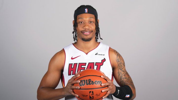 Oct 2, 2023; Miami, FL, USA; Miami Heat guard Alondes Williams (15) poses for a photo during media