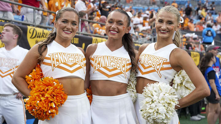 Tennessee Volunteers cheerleaders during pregame activities against the North Carolina State Wolfpack at the Dukes Mayo Classic at Bank of America Stadium. 