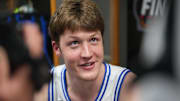 Apr 3, 2025; San Antonio, TX, USA; Duke Blue Devils guard Kon Knueppel (7) is interviewed during open locker room at Alamodome. Mandatory Credit: Bob Donnan-Imagn Images