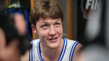 Apr 3, 2025; San Antonio, TX, USA; Duke Blue Devils guard Kon Knueppel (7) is interviewed during open locker room at Alamodome. Mandatory Credit: Bob Donnan-Imagn Images