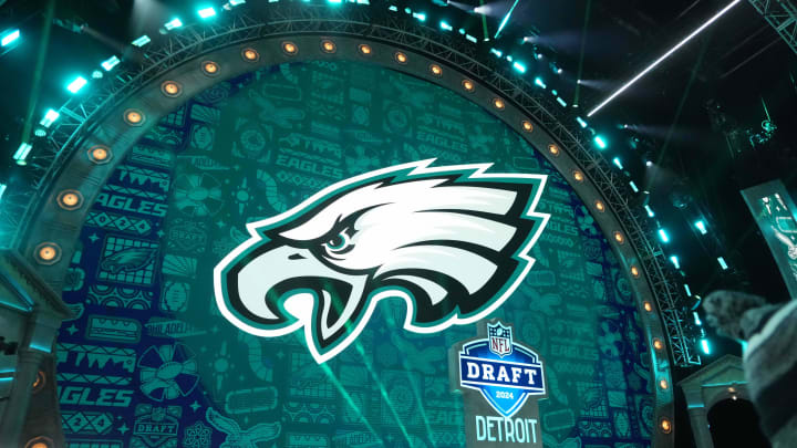 Apr 25, 2024; Detroit, MI, USA; A Philadelphia Eagles logo during the 2024 NFL Draft at Campus Martius Park and Hart Plaza. Mandatory Credit: Kirby Lee-USA TODAY Sports