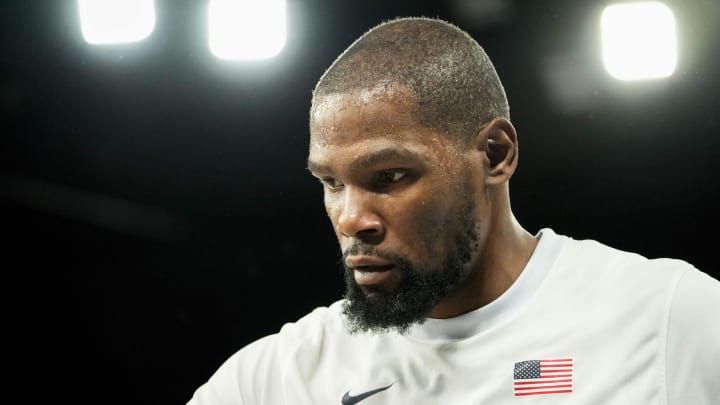 United States forward Kevin Durant (7) in the men's basketball gold medal game during the Paris 2024 Olympic Summer Games at Accor Arena. Mandatory Credit: