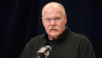 Feb 25, 2025; Indianapolis, IN, USA; Kansas City Chiefs coach Andy Reid speaks during the NFL Scouting Combine at the Indiana Convention Center.