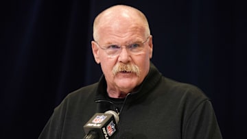Feb 25, 2025; Indianapolis, IN, USA; Kansas City Chiefs oach Andy Reid speaks during the NFL Scouting Combine at the Indiana Convention Center. Mandatory Credit: Kirby Lee-Imagn Images