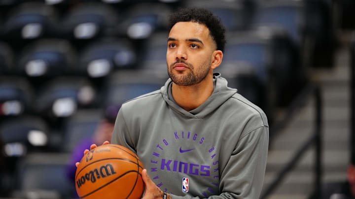 Jan 23, 2025; Denver, Colorado, USA; Sacramento Kings forward Trey Lyles (41) before the game against the Denver Nuggets at Ball Arena. Mandatory Credit: Ron Chenoy-Imagn Images