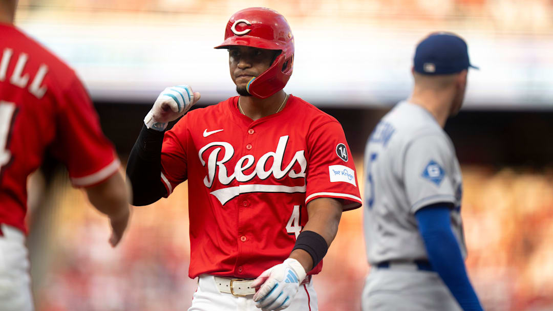 Cincinnati Reds third baseman Santiago Espinal (4) reacts to hitting a base hit in the second inning between Cincinnati Reds and Los Angeles Dodgers at Great American Ball Park in Cincinnati on July 30, 2025.