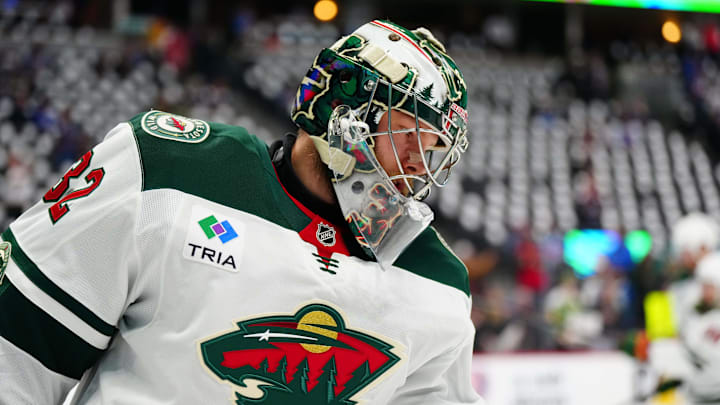 May 5, 2026; Denver, Colorado, USA; Minnesota Wild goaltender Filip Gustavsson (32) looks on during warmups before game two of the second round of the 2026 Stanely Cup Playoffs against the Colorado Avalanche at Ball Arena. Mandatory Credit: Ron Chenoy-Imagn Images