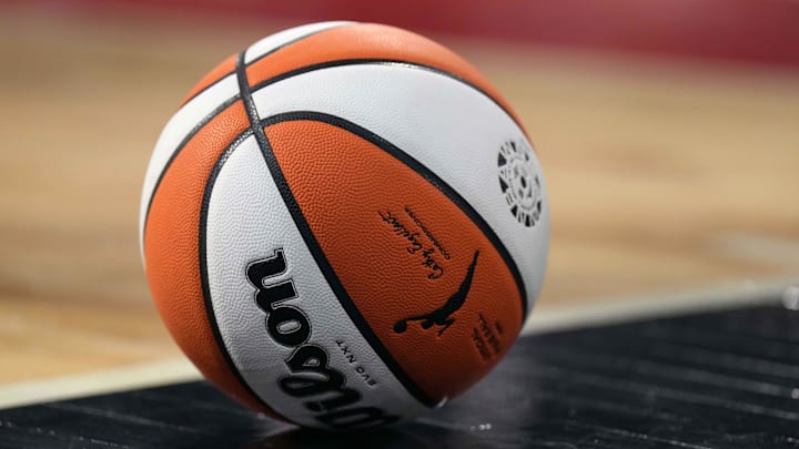 Sep 24, 2023; Las Vegas, Nevada, USA; A Wilson official WNBA basketball on the court during game one of the 2023 WNBA Semifinals between the Dallas Wings and the Las Vegas Aces at Michelob Ultra Arena.  Mandatory Credit: Kirby Lee-Imagn Images