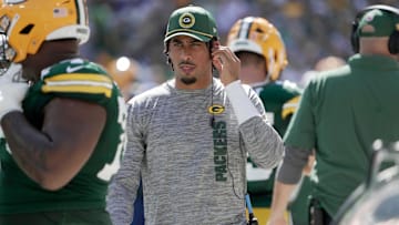 Injured Green Bay Packers quarterback Jordan Love is shown during the first quarter of their game against the Indianapolis Colts Sunday, September 15, 2024 at Lambeau Field in Green Bay, Wisconsin.