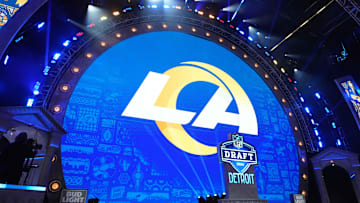 Apr 25, 2024; Detroit, MI, USA; A Los Angeles Rams logo. Mandatory Credit: Kirby Lee-Imagn Images
