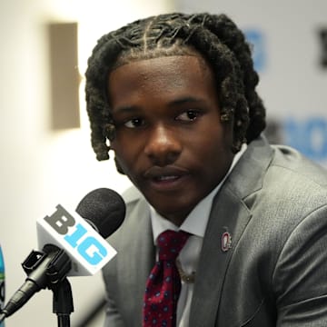 Jul 22, 2025; Las Vegas, NV, USA; Ohio State wide receiver Jeremiah Smith speaks to the media during the Big Ten NCAA college football media days at Mandalay Bay Resort. Mandatory Credit: Lucas Peltier-Imagn Images