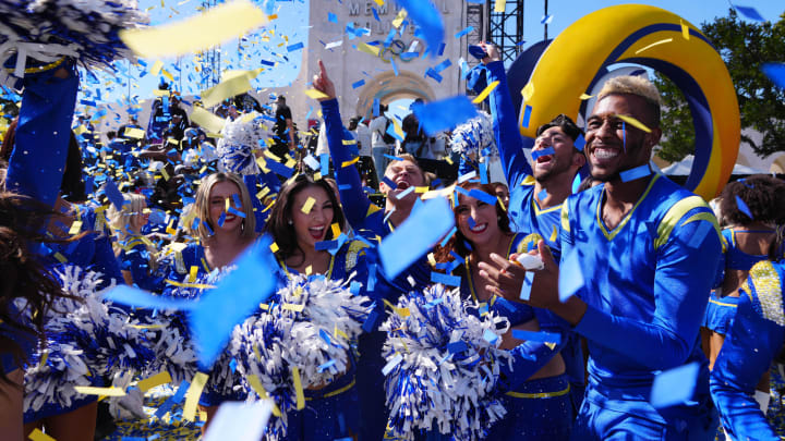 Feb 16, 2022; Los Angeles, CA, USA; Los Angeles Rams male and female cheerleaders pose during Super Bowl LVI championship rally at the Los Angeles Memorial Coliseum. Mandatory Credit: Kirby Lee-USA TODAY Sports