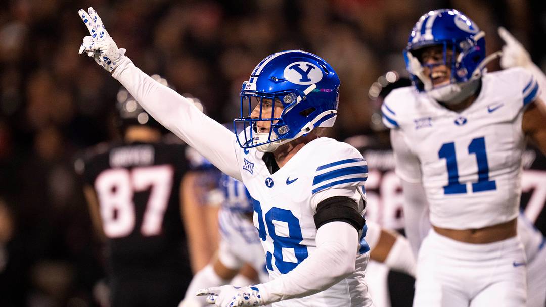 BYU Cougars safety Tanner Wall (28) reacts after a turnover on downs for Cincinnati Bearcats in the second quarter of the NCAA football game at Nippert Stadium in Cincinnati on Nov. 22, 2025. BYU Cougars safety Tanner Wall (28) reacts after a turnover on downs for Cincinnati Bearcats in the second quarter of the NCAA football game at Nippert Stadium in Cincinnati on Nov. 22, 2025.