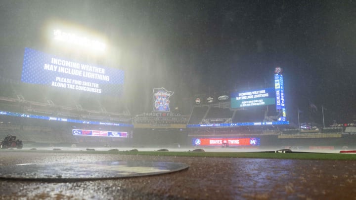 A general view of Target Field during a weather delay between the Atlanta Braves and Minnesota Twins at Target Field.