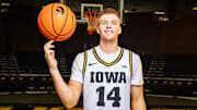 Bennett Stirtz stands for a photo during Iowa Men's Basketball media day at Carver Hawkeye arena in Iowa City, Oct. 15, 2025.