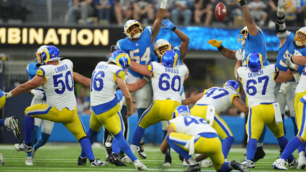 Los Angeles Rams place kicker Joshua Karty (16) attempts a field goal