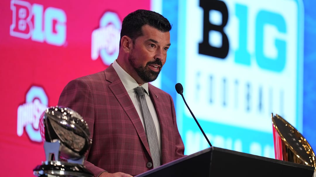 Jul 22, 2025; Las Vegas, NV, USA; Ohio State head coach Ryan Day speaks to the media during the Big Ten NCAA college football media days at Mandalay Bay Resort. Mandatory Credit: Lucas Peltier-Imagn Images