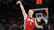 Mar 23, 2025; Milwaukee, WI, USA;  Mississippi Rebels guard Sean Pedulla (3) shoots against the Iowa State Cyclones during the first half in the second round of the NCAA Tournament at Fiserv Forum. Mandatory Credit: Jeff Hanisch-Imagn Images