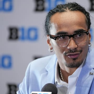 Jul 24, 2025; Las Vegas, NV, USA; UCLA quarterback Nico Iamaleava speaks to the media during the Big Ten NCAA college football media days at Mandalay Bay Resort. Mandatory Credit: Lucas Peltier-Imagn Images