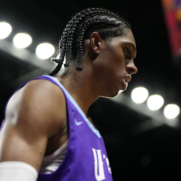 Jul 14, 2025; Las Vegas, NV, USA; Utah Jazz forward Cody Williams (5) competes against the San Antonio Spurs during the second half of a NBA basketball game at the Thomas & Mack Center. Mandatory Credit: Lucas Peltier-Imagn Images