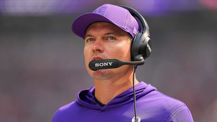 Sep 21, 2025; Minneapolis, Minnesota, USA; Minnesota Vikings head coach Kevin O'Connell on the sideline during the first half against the Cincinnati Bengals at U.S. Bank Stadium.