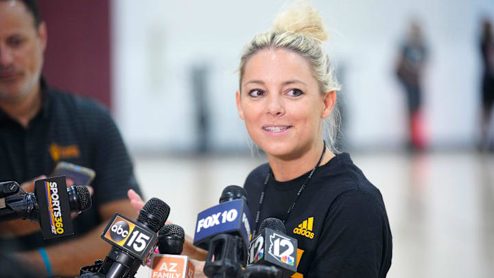 ASU head coach Molly Miller speaks to the press at Weatherup Center in Tempe, Ariz. on June 4, 2025.