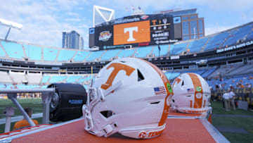 Sep 7, 2024; Charlotte, North Carolina, USA; Tennessee Volunteers helmets before the game against the North Carolina State Wolfpack for the Dukes Mayo Classic at Bank of America Stadium. Mandatory Credit: Jim Dedmon-Imagn Images