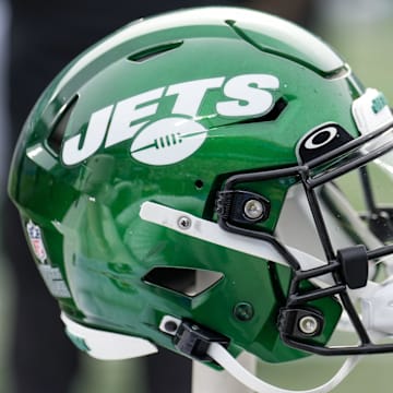 Aug 12, 2023; Charlotte, North Carolina, USA; New York Jets helmet during the second quarter against the Carolina Panthers at Bank of America Stadium. Mandatory Credit: Jim Dedmon-Imagn Images