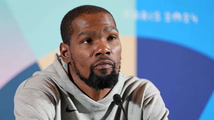 Jul 25, 2024; Paris, France; USA basketball player Kevin Durant talks to the media during a press conference. Mandatory Credit: Kirby Lee-USA TODAY Sports