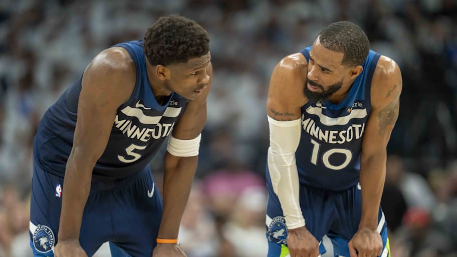 Minnesota Timberwolves guards Anthony Edwards and Mike Conley. | Jesse Johnson-Imagn Images