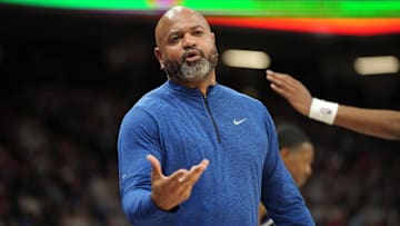 Dec 26, 2024; Sacramento, California, USA; Detroit Pistons head coach J.B. Bickerstaff questions a “kicked ball” call during the fourth quarter against the Sacramento Kings at Golden 1 Center. Mandatory Credit: Kelley L Cox-Imagn Images