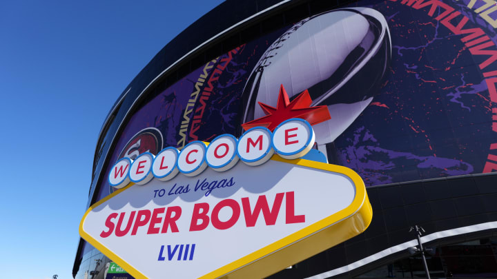 Feb 10, 2024; Las Vegas, NV, USA; A Welcome to Las Vegas Super Bowl 58 sign at Allegiant Stadium.