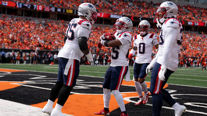 New England Patriots corner back Marcus Jones (25) celebrates with his team in the second quarter of the NFL game against the New England Patriots at Paycor Stadium in Cincinnati on Sunday, Sept. 8, 2024.