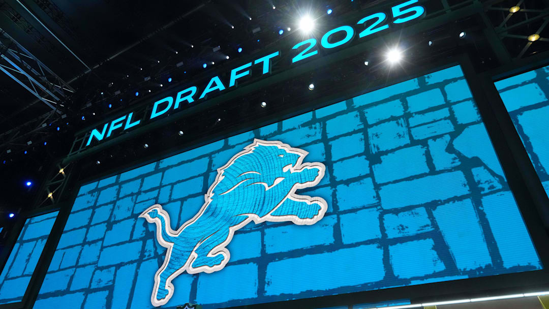 Apr 24, 2025; Green Bay, WI, USA; The Detroit Lions logo is projected on the video board during the NFL Draft at Lambeau Field. Mandatory Credit: Kirby Lee-Imagn Images