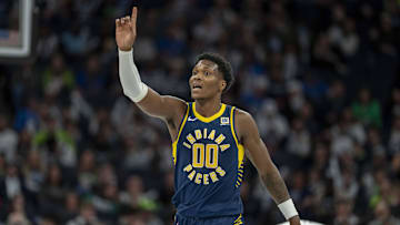 Mar 17, 2025; Minneapolis, Minnesota, USA;  Indiana Pacers guard Bennedict Mathurin (00) reacts to a foul called against the Minnesota Timberwolves in the first half at Target Center. Mandatory Credit: Jesse Johnson-Imagn Images