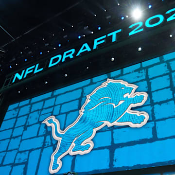 Apr 24, 2025; Green Bay, WI, USA; The Detroit Lions logo is projected on the video board during the NFL Draft at Lambeau Field. Mandatory Credit: Kirby Lee-Imagn Images
