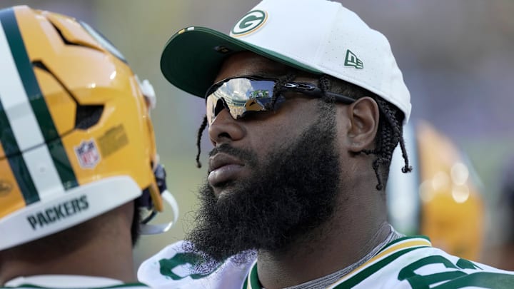 Former Green Bay Packers offensive tackle Rasheed Walker (63) is shown during the fourth quarter of their preseason game Saturday, August 23, 2025, at Lambeau Field in Green Bay, Wisconsin. The Green Bay Packers beat the Seattle Seahawks 20-7.