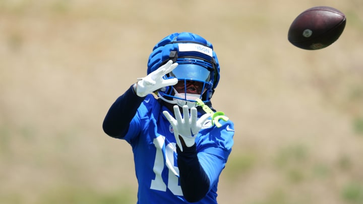 May 21, 2024, Thousand Oaks, California, USA; Los Angeles Rams wide receiver Tyler Johnson (16) wears a Guardian helmet cap during organized team activities at Cal Lutheran University.