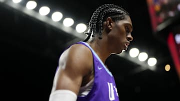 Jul 14, 2025; Las Vegas, NV, USA; Utah Jazz forward Cody Williams (5) competes against the San Antonio Spurs during the second half of a NBA basketball game at the Thomas & Mack Center. Mandatory Credit: Lucas Peltier-Imagn Images