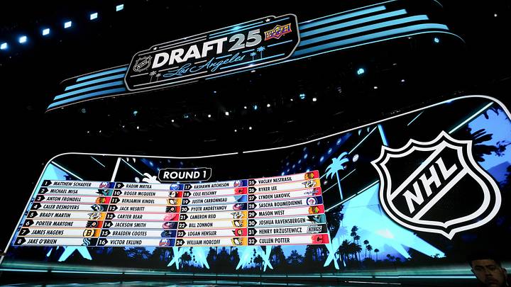 Jun 27, 2025; Los Angeles, California, USA; The draft board is seen following the first round of the 2025 NHL Draft at Peacock Theater. Mandatory Credit: Kirby Lee-Imagn Images